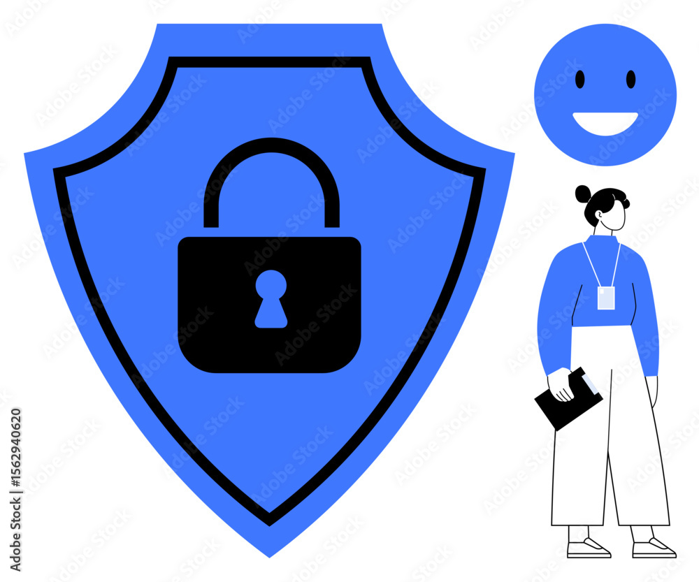 Poster shield with central lock emphasizes data security while a smiling face suggests positivity. woman in