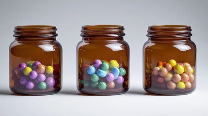 Three amber glass jars, each filled with assorted colorful pills or medicine