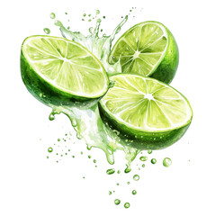 Watercolor splash of lime fruit, isolated on a white background. png
