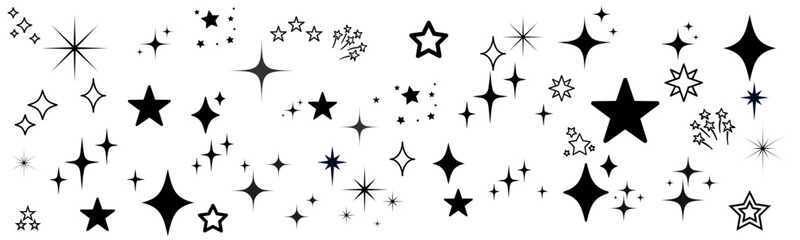Star and sparkle icon set. Diverse star shapes for design, decoration, and celestial themes. sparkling star for logos, icons, and illustrations