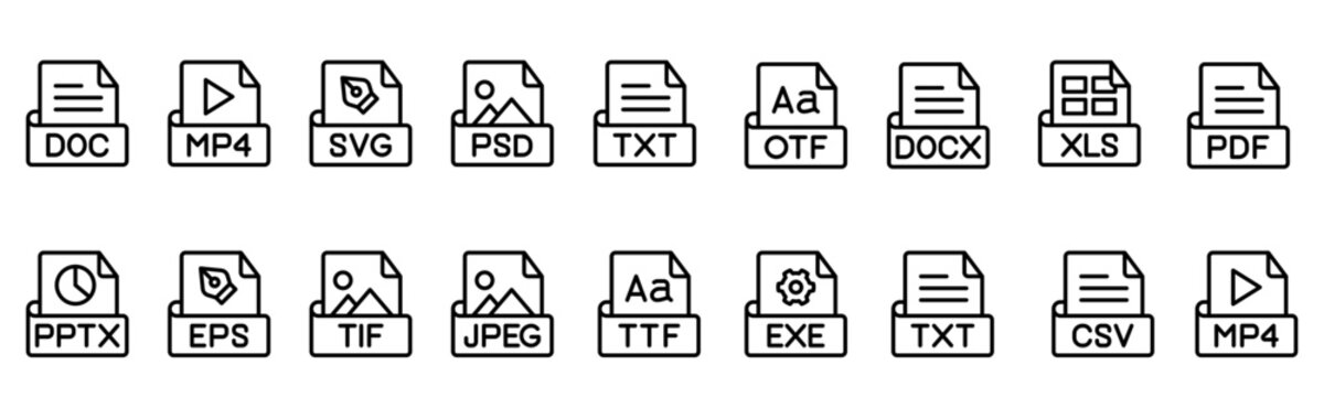 Document icon set, file type vector in various file formats including DOC, PDF, DOCX, PPT, PPTX, XLS, XLSX, TXT, CSV, ISO, RTF, HTML, JPEG, PNG, GIF, MP3, MP4, ZIP, RAR, EXE