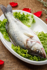 Fresh sea bass in a white oval porcelain plate