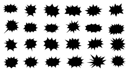 Comic explosion speech bubble vector shapes, speech bubble silhouettes, starburst designs in black. Ideal for graphic design, comic book art, pop art, and digital illustrations
