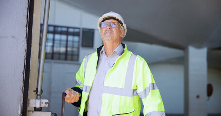 Mature man, garage door and open for logistics, stock or storage at warehouse for supply chain....