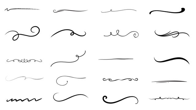 Decorative swirl, flourish, and underline vector collection for elegant design. ornament set includes calligraphic divider, swoosh, and curve elements for invitations, frames, logos, vintage projects