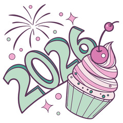 Festive cupcake with year and fireworks cherry frosting