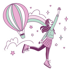 Joyful girl reaching for hot air balloon and rainbow clouds stars