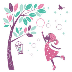 Girl reaching for bubble near tree with bird and stars vector