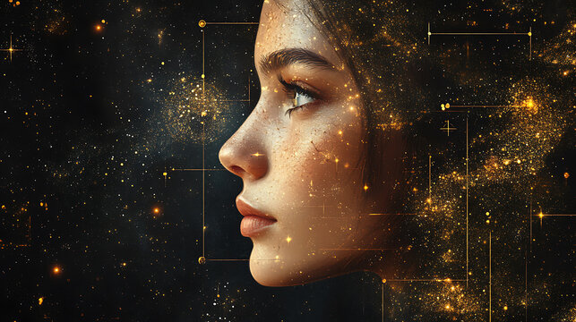 Portrait of a woman with glowing starry overlay abstract art with universe element futuristic female profile sparkling beauty with a digital grid background - Powered by Adobe