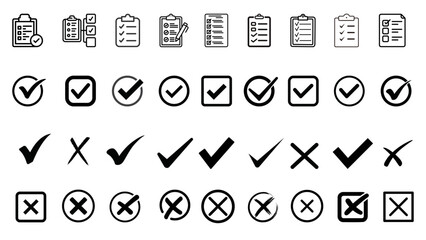 Checklist vector icon set, checkmarks, cross symbols, and clipboard designs vector style. Perfect for task management, to do lists, forms, and productivity related projects 