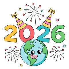 Happy cartoon earth celebrating new year with festive hats and fireworks planet celebration