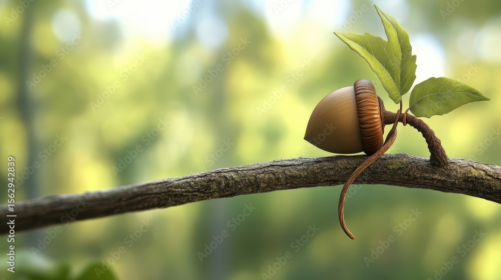 Poster an acorn with new growth on a branch in a forest setting.