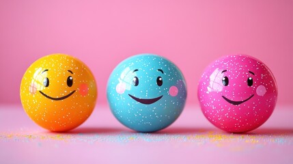 Three colorful, happy emoji balls against a pink background