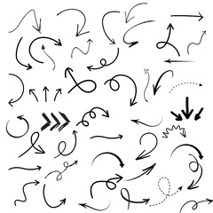 Hand drawn arrow set featuring curved, straight, dotted, and swirled arrows design, arrow vector for creative design, presentations, infographics, and decorative purposes 