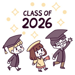 Three happy chibi students celebrating graduation caps gowns