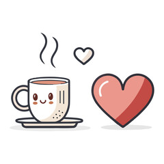 Coffee Cup Heart Symbol love flat illustration with heart outline and flat Vector Design
