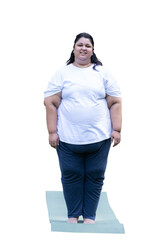 Overweight indian woman standing in summer park. Smiling Plus size lady looking camera. Obesity concept.