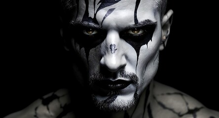 Striking portrait of a man with bold black and white face paint, creating a dramatic and expressive appearance against a dark backdrop