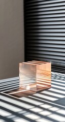 Rose-gold cube on a table, bathed in sunlight