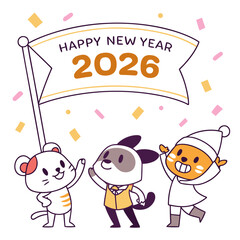 Cheerful cartoon animals celebrate new year with confetti celebration