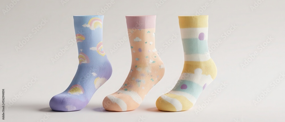 Poster colorful patterned socks displayed in a row against a neutral background.