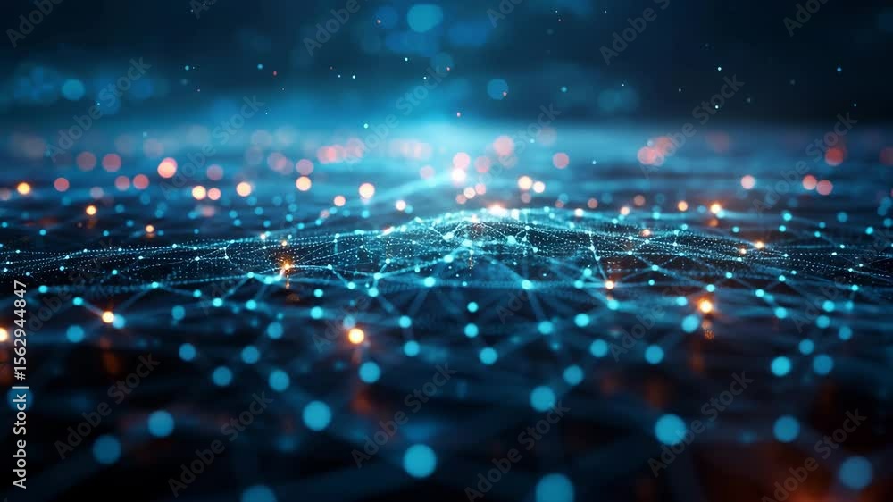 Poster an abstract digital landscape features a vibrant network of glowing blue and orange dots connected b