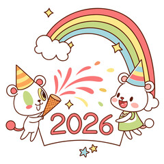Cute cartoon bears celebrating with rainbow and confetti celebration party