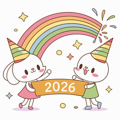 Cute cartoon characters celebrating with party hats and rainbow celebration