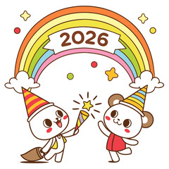 Cute bears celebrating new year with fireworks celebration