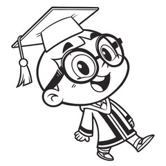 Cheerful cartoon graduate wearing oversized glasses and cap graduation gown