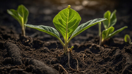 A fig tree sprout growing with broad soft leaves and short stem from slightly cracked dark soil on a matte flat background under warm cinematic lighting, the distinctive leaf lobes