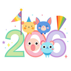 Cute animals celebrating with rainbow flags and numbers celebration