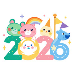 Cute illustrated animals forming numbers with rainbow and flags cute animals cartoon