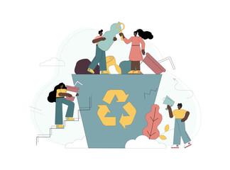Recycling. People are sorting garbage. Solving environmental problems