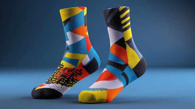 Colorful patterned socks displayed on a blue background for a vibrant fashion appeal.