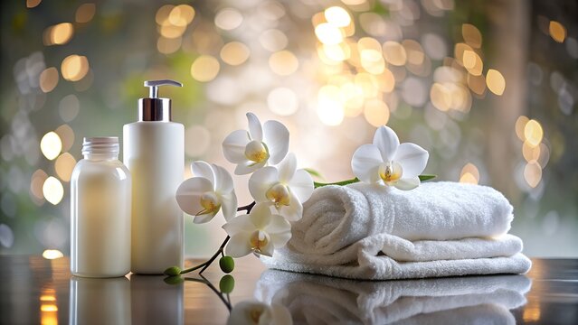 Spa essentials including white orchids, folded towels, and bottles of lotion are arranged for a relaxing and rejuvenating experience