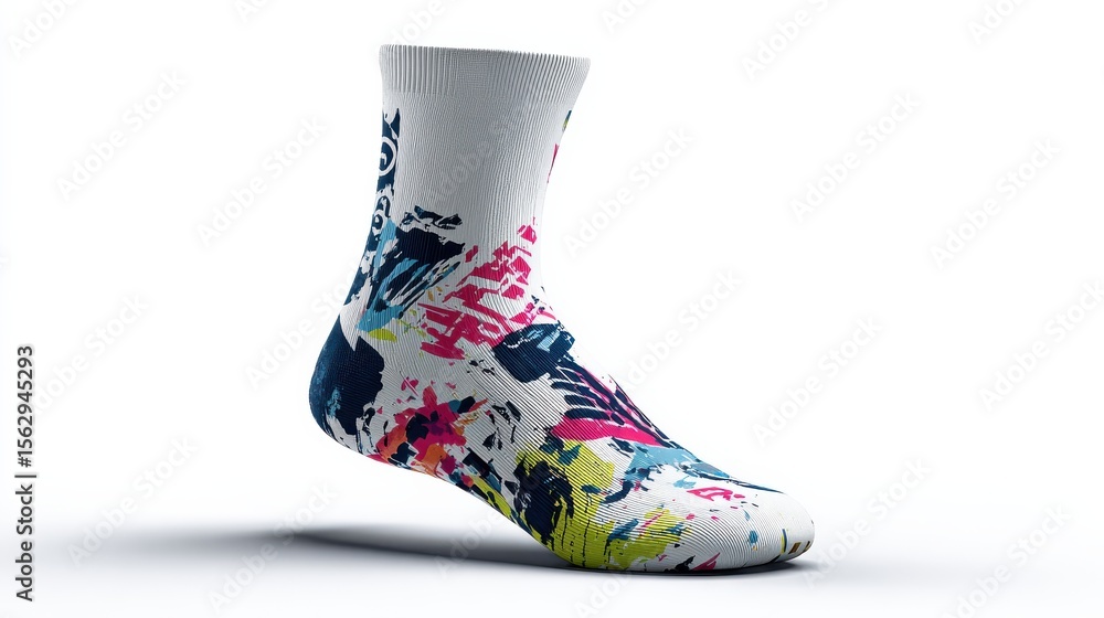 Poster colorful patterned sock displayed on a white background, showcasing unique design and style.