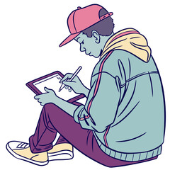 Young artist drawing on digital tablet wearing casual clothing young person stylus