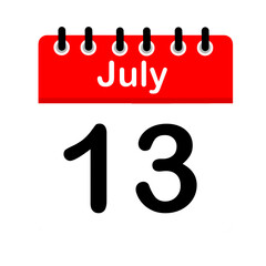 July 13 calendar icon flat design illustration. Calendar template, red and white, sticker, poster, banner, emoticon.