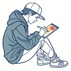 Young artist drawing on digital tablet wearing casual clothing digital art stylus