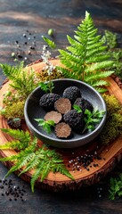 Dark truffle delicacies on rustic board