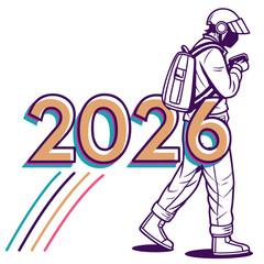 Futuristic traveler with colorful year digits technology