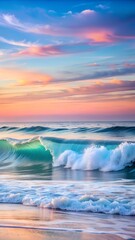 Fototapeta premium A beautiful ocean sunset with colorful clouds paints the sky above rolling turquoise waves crashing on a sandy beach