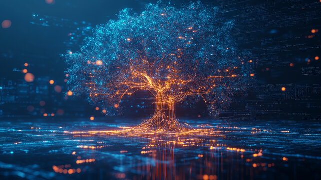 Glowing digital tree made of circuits in a virtual space.