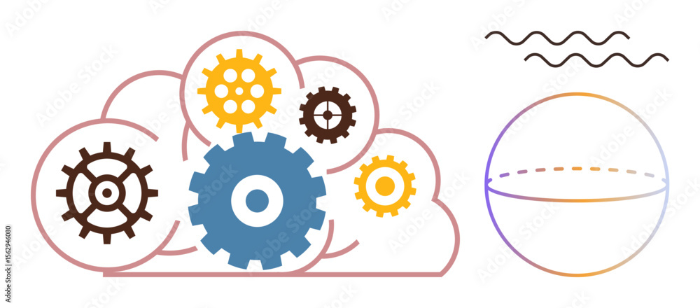 Poster gears inside cloud convey system automation and integration. abstract sphere and wavy lines symboliz