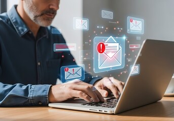 Concerned man reviewing suspicious emails on his laptop, digital threat alert visible.