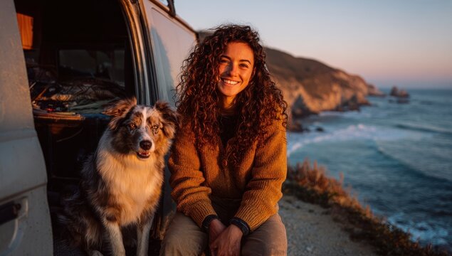 Woman and dog by camper van at sunset