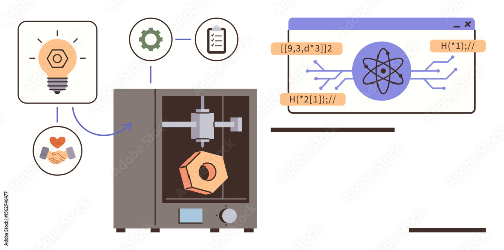 Poster 3d printer producing a hexagonal object while connected to symbols of innovation, science, and colla