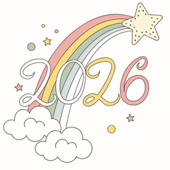 Pastel rainbow arch with star and clouds year