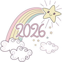 Cheerful star rainbow and clouds with year happy